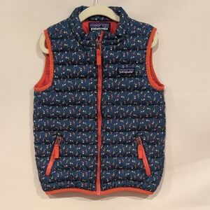 Patagonia Navy Floral Puffer Vest with Orange Trim